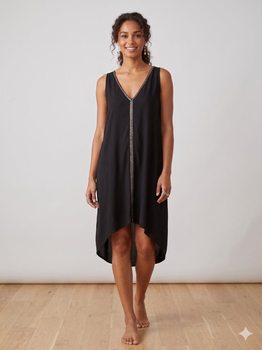 Uma & Leopold Black Beaded Bugle Bead V-Neck Hi-Low Shift Dress Boho L NWT
